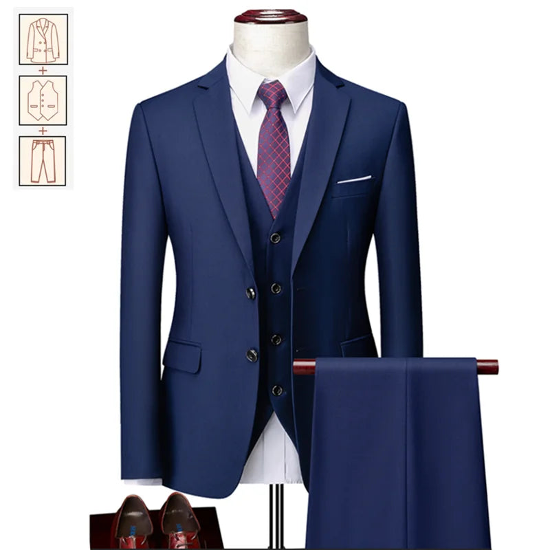 Men's black business casual suit for weddings and formal events, tailored fit with a sleek solid color design, from Showlu Fashion.
