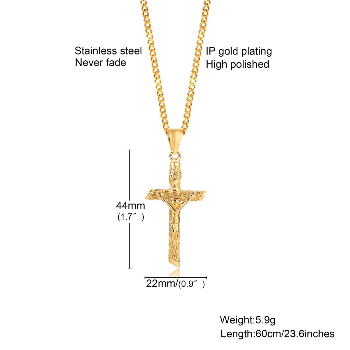 Stainless steel Catholic cross necklace with Jesus pendant in gold color, faith jewelry for men and women, prayer and gift-ready.