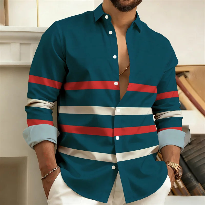 Men's striped long-sleeved casual shirt with lapel, outdoor street style, comfortable fabric, by Showlu Fashion Store.