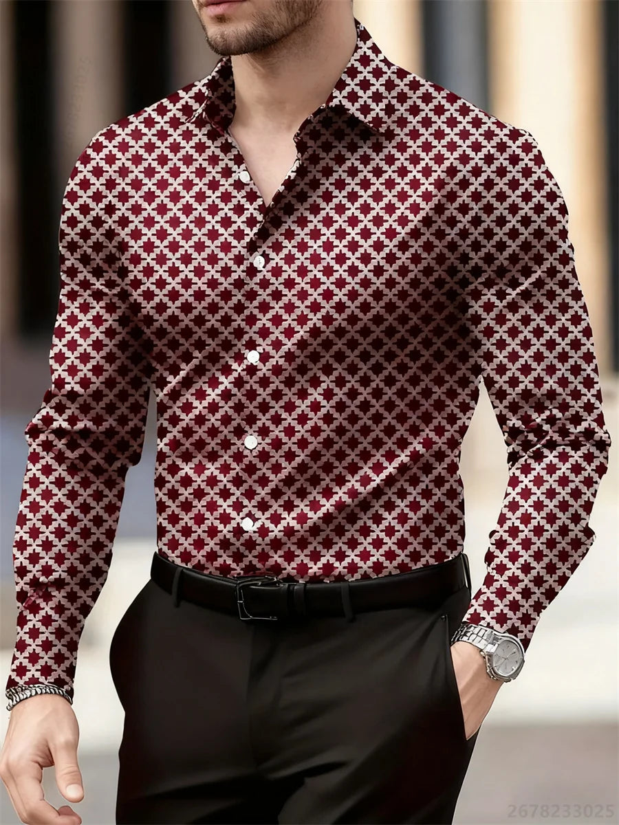 Men's long sleeve plaid pattern shirt in 14 colors by Showlu Fashion, featuring high-definition geometric design, casual and breathable.