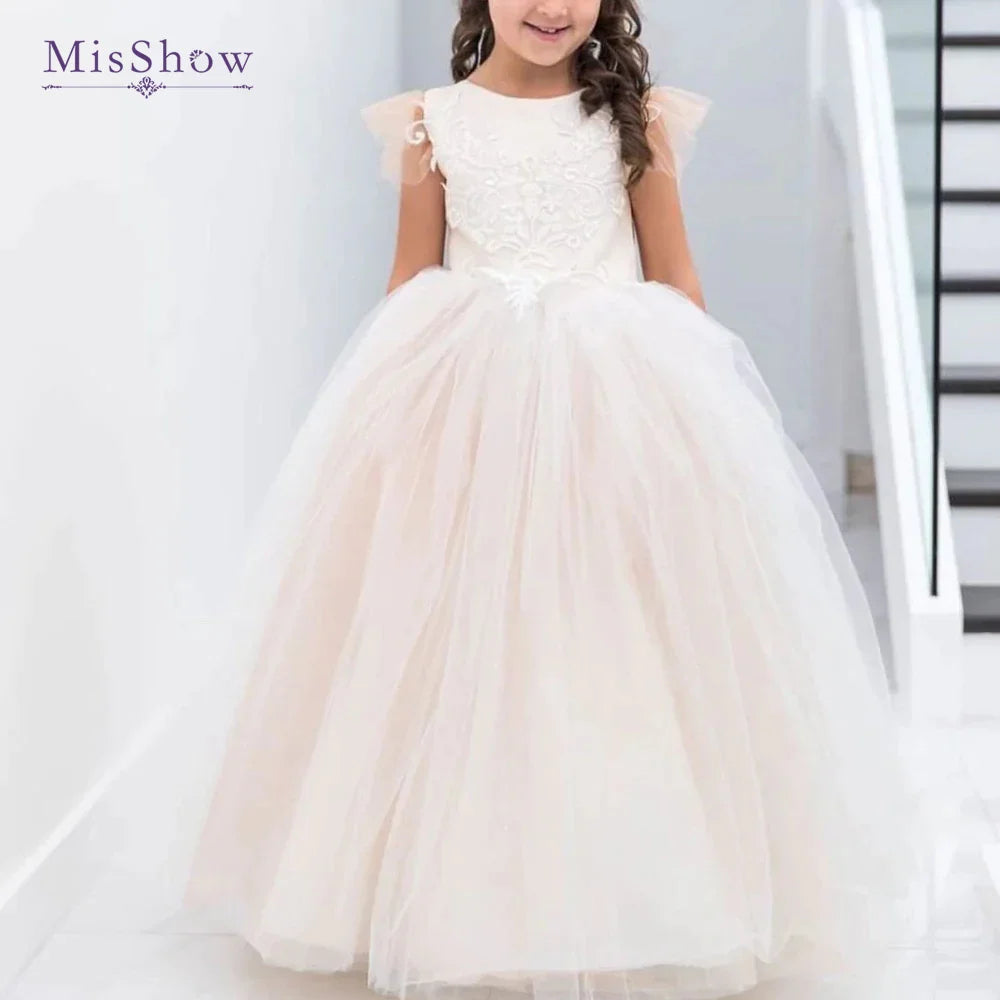 Lace tulle flower girl dress by Showlu Fashion Store featuring a princess ball gown design for weddings