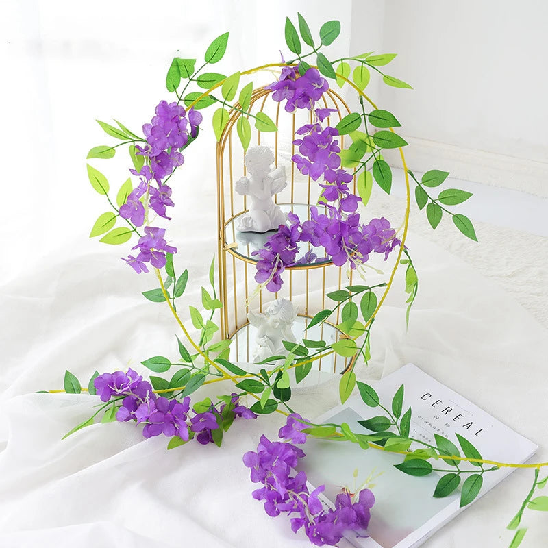 Artificial Wisteria flowers garland by Showlu Fashion Store, 2-meter silk hanging vine for home, garden, or wedding floral decor.