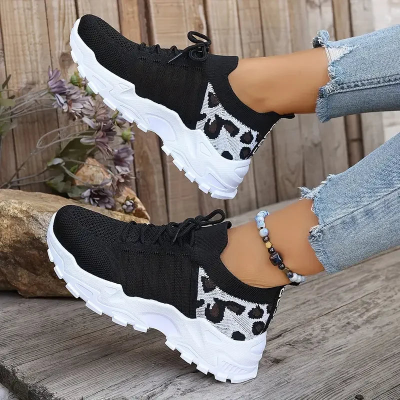 Leopard print women's sneakers by Showlu Fashion Store, lightweight and breathable casual shoes for women.
