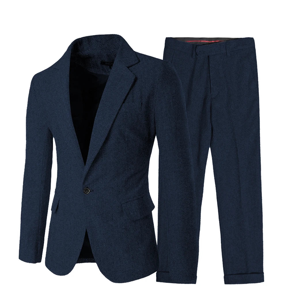 Elegant Men's Suit Set 2 Pieces Classic Fit One Button Daily Business Suits Herringbone Wool Wedding Groomsmen(Blazer+Pants)