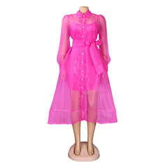 Women Two Pieces Set Transparent Organza Shirt Dresses with Slip Dress Button Up Waist Belt Turn Down Collar Sheer Sexy Female