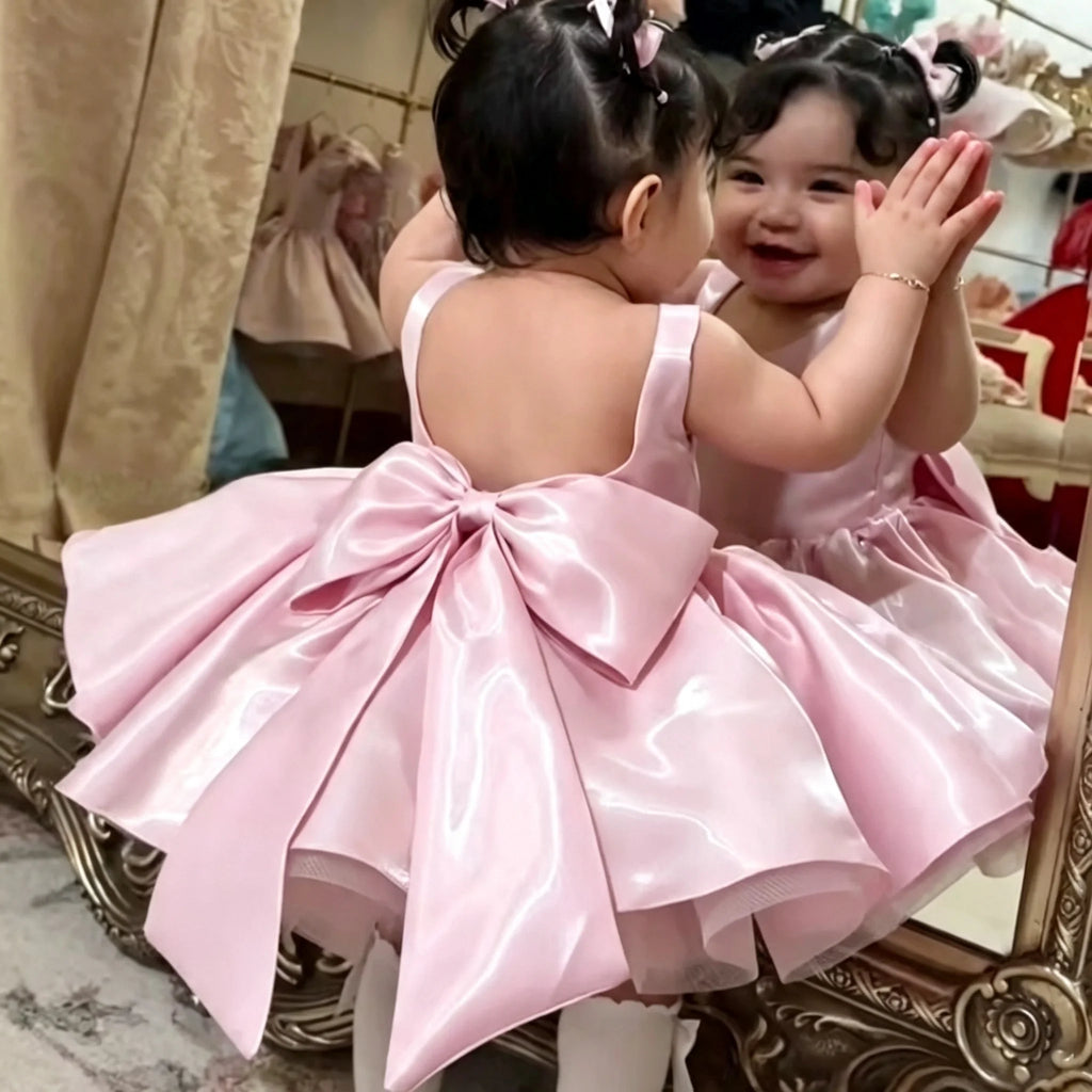 Baby Girl Satin Flower Girl Dress Low Back Thin Straps Bow Luxury Princess Gown Toddler 1st Birthday Baptism Wedding Party Dress