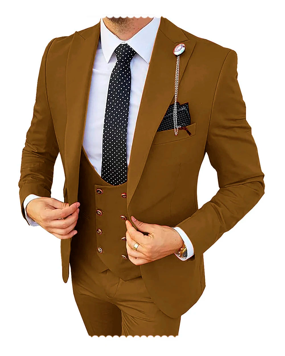 Formal men's 3-piece champagne wedding suit with blazer, pants, and vest, slim fit tuxedo for grooms and special occasions.