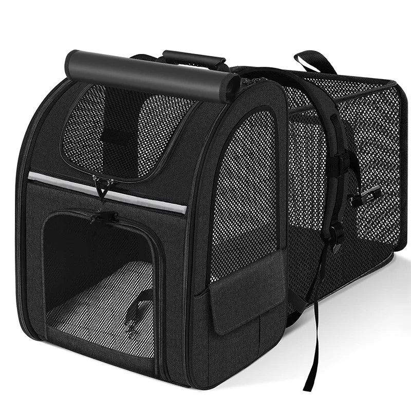 Showlu Fashion JTPAWS expandable cat carrier backpack with breathable Oxford mesh, designed for comfortable pet carrying.