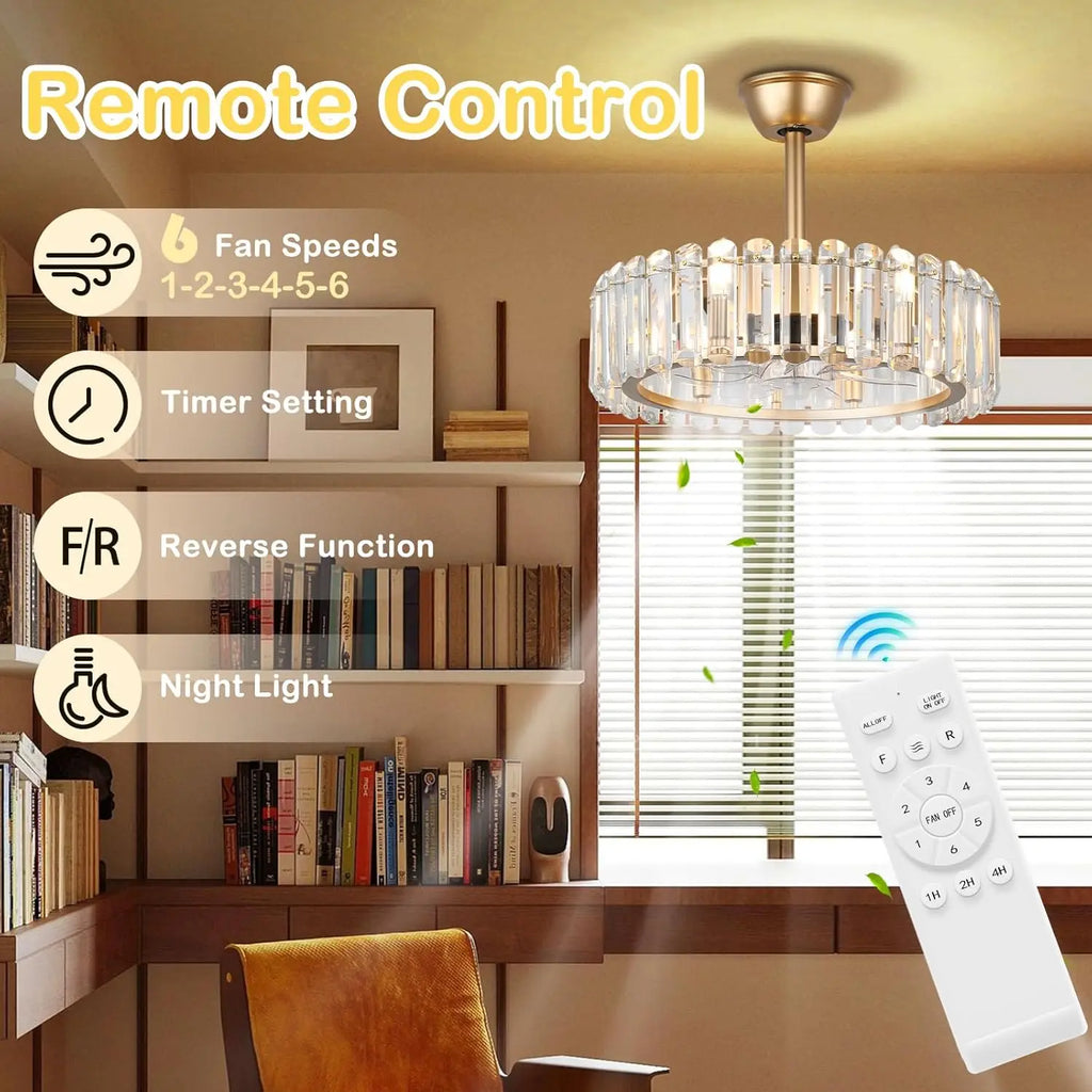 Showlu 20-inch crystal chandelier ceiling fan with flush mount cage design, featuring elegant crystal accents and modern fan blades