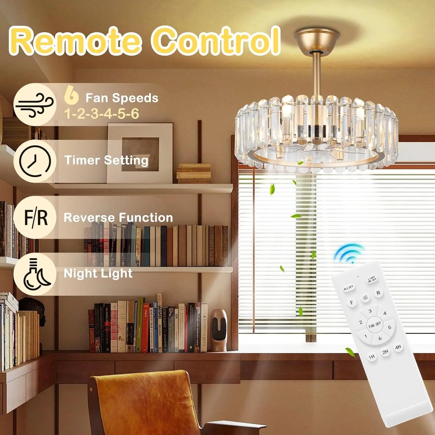 Showlu 20-inch crystal chandelier ceiling fan with flush mount cage design, featuring elegant crystal accents and modern fan blades