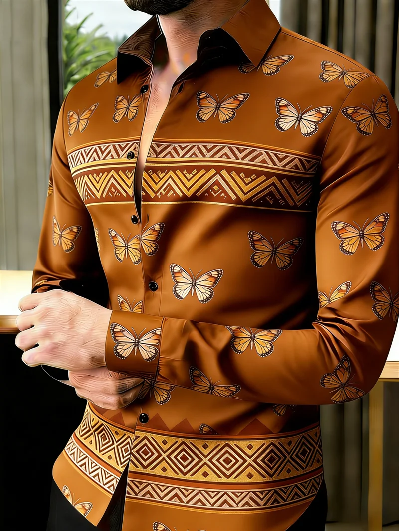 Men's long sleeve lapel shirt by Showlu Fashion with 11-color options and 3D printed butterfly pattern, stylish and fashionable.