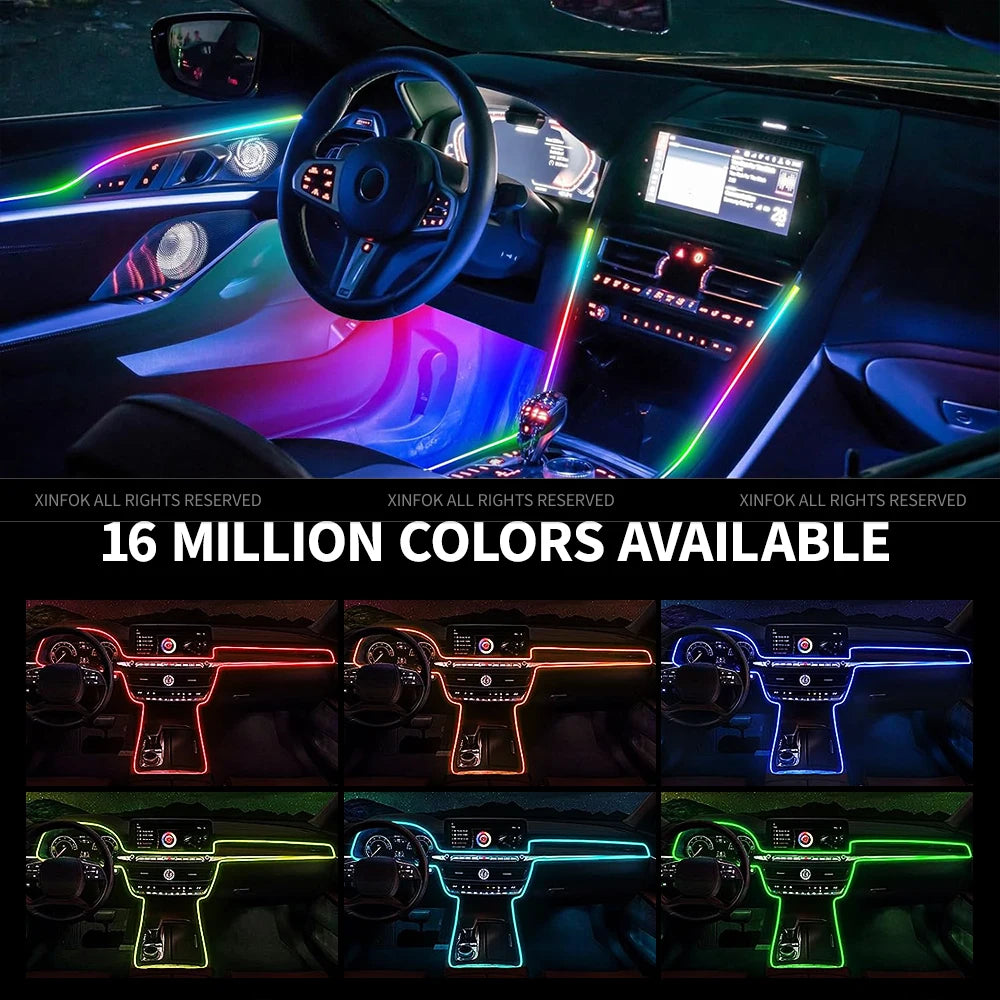 Showlu Smart General car LED ambient lights installed inside vehicle, showcasing colorful interior lighting with sleek design.