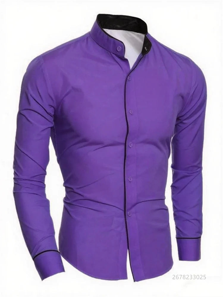 Men's slim fit white long sleeve social shirt by Showlu Fashion Store, high-quality soft fabric, casual and business wear options.