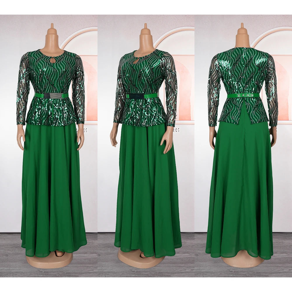 Elegant African women's long dress with Ankara print, sequins, plus size fit, suitable for weddings and parties, by Showlu Fashion.