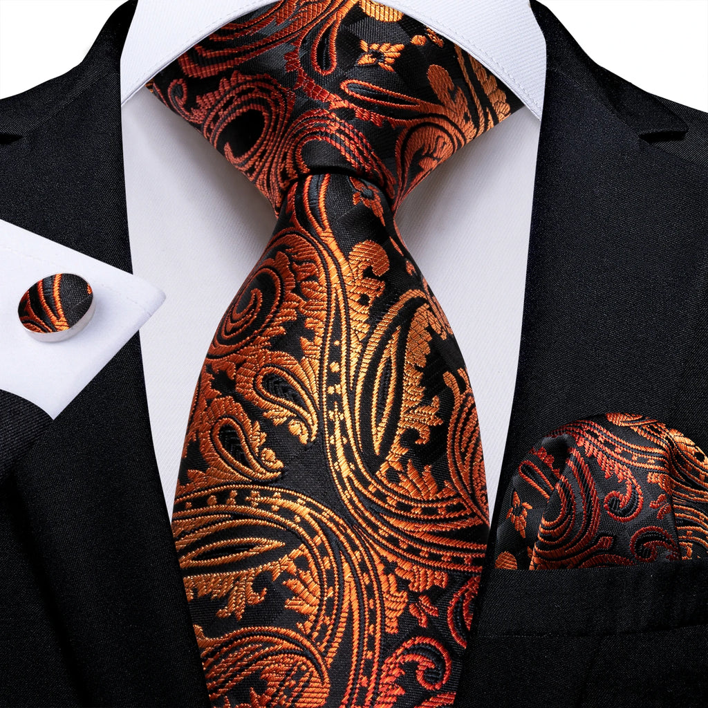 Gift Men Tie Luxury Gold Black Striped Paisley Silk Wedding Tie For Men DiBanGu Designer Hanky Cufflinks Fashion Tie Set
