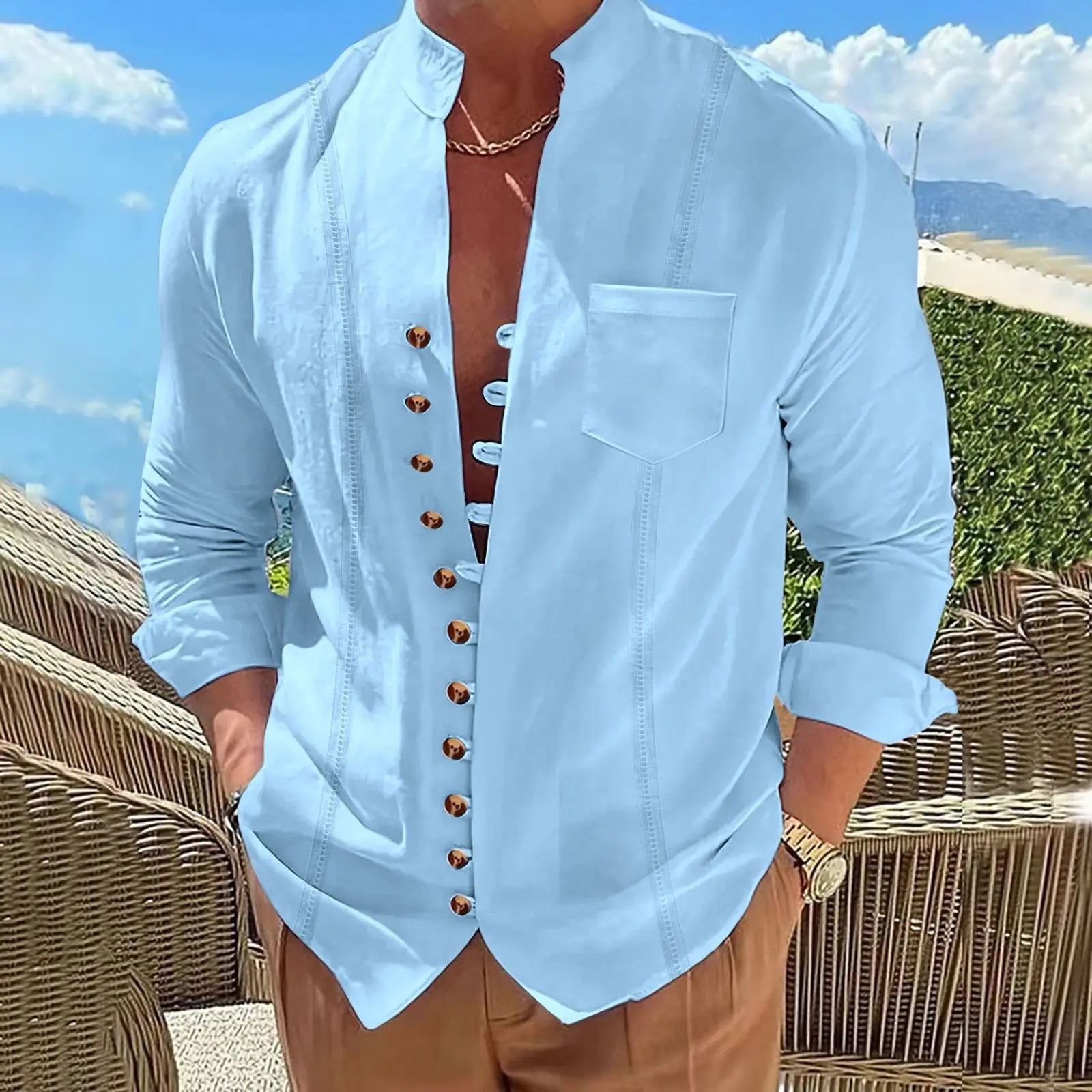 Men's cotton and linen long-sleeved shirt with stand-up collar, featuring solid color and striped design, casual retro style.