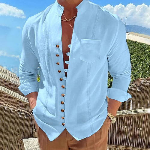 Men's cotton and linen long-sleeved shirt with stand-up collar, featuring solid color and striped design, casual retro style.