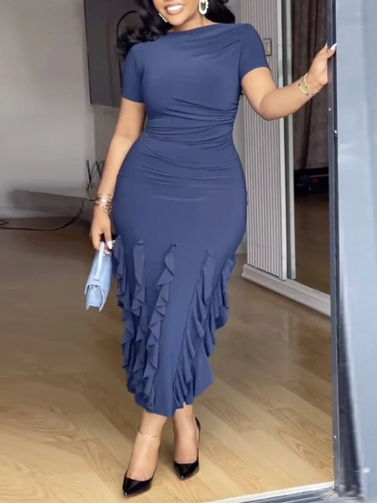 AOMEI Women's short sleeve ruffle midi dress in slim fit style, perfect for evening parties, shown in a stylish design.