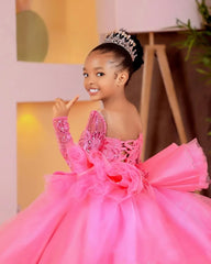 Customized Pink Flower Girl Dresses Children Birthday Dress Illusion Sheer Neck Long Sleeves Beaded Lace Princess Ball Gowns