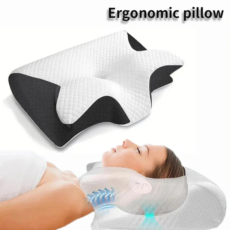 Tidesmit 2-in-1 ergonomic memory foam pillow for neck and back pain relief, shown in a neutral bedroom setting