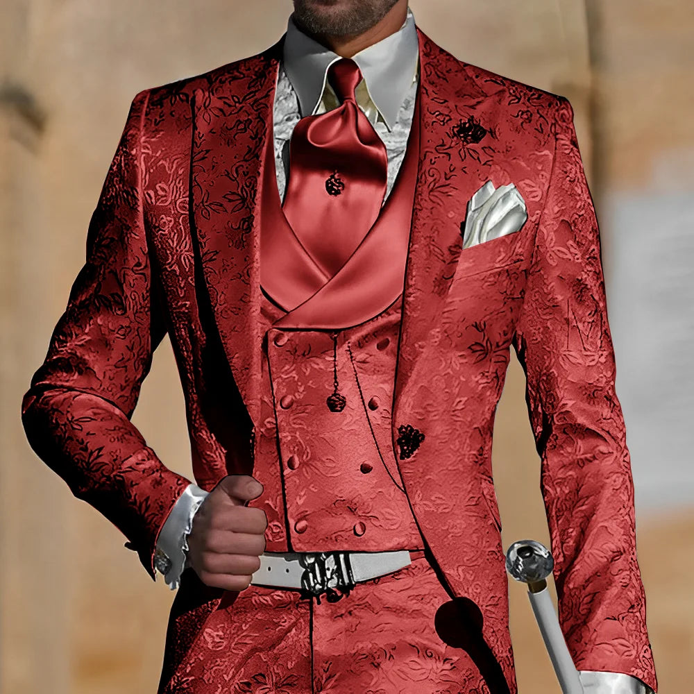 Showlu Fashion Men's jacquard 3-piece suit with formal jacket, vest, and pants, ideal for weddings, parties, and special occasions.