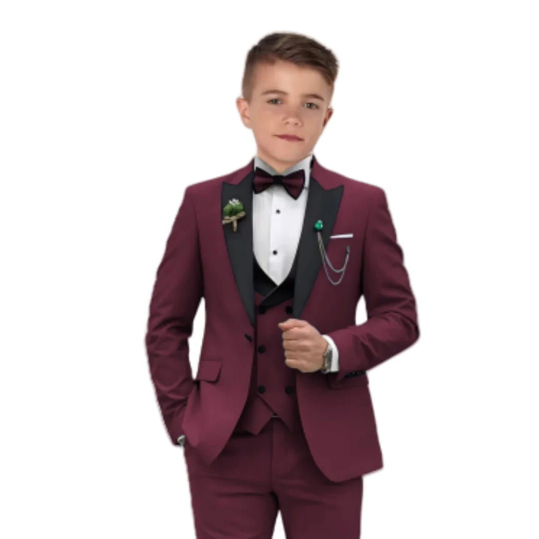 Boy's burgundy formal suit set with jacket, vest, and pants from SHOWLU FASHION STORE, perfect for kids' weddings and special occasions.