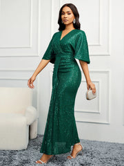 Women Sequin Dress Summer elegant V-Neck Ruffles Short Sleeves Vintage Pencil Pleats Slim Fit Fashion Banquet Cocktail Party