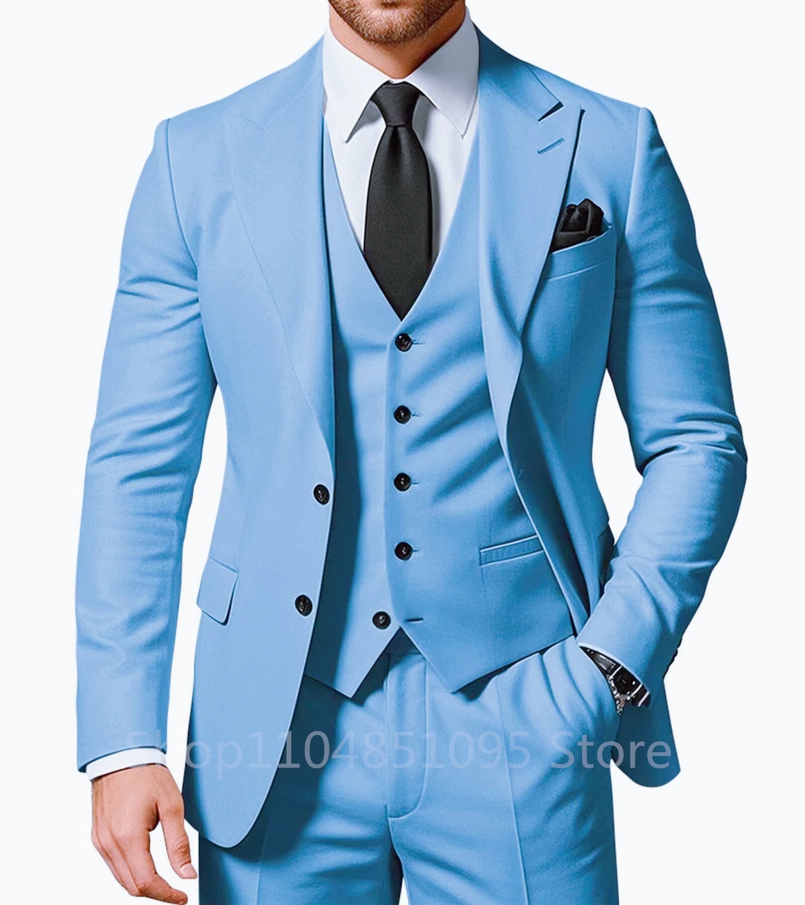 Solid black men's wedding tuxedo set with peak lapel jacket, pants, and vest, formal groom suit for prom and party wear.