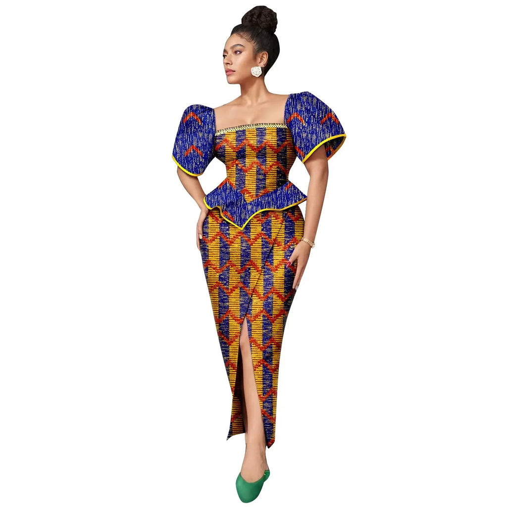 AFRIPRIDE women's Ankara print square neck puff sleeve A-line dress, vibrant fabric, stylish design, shown on model.