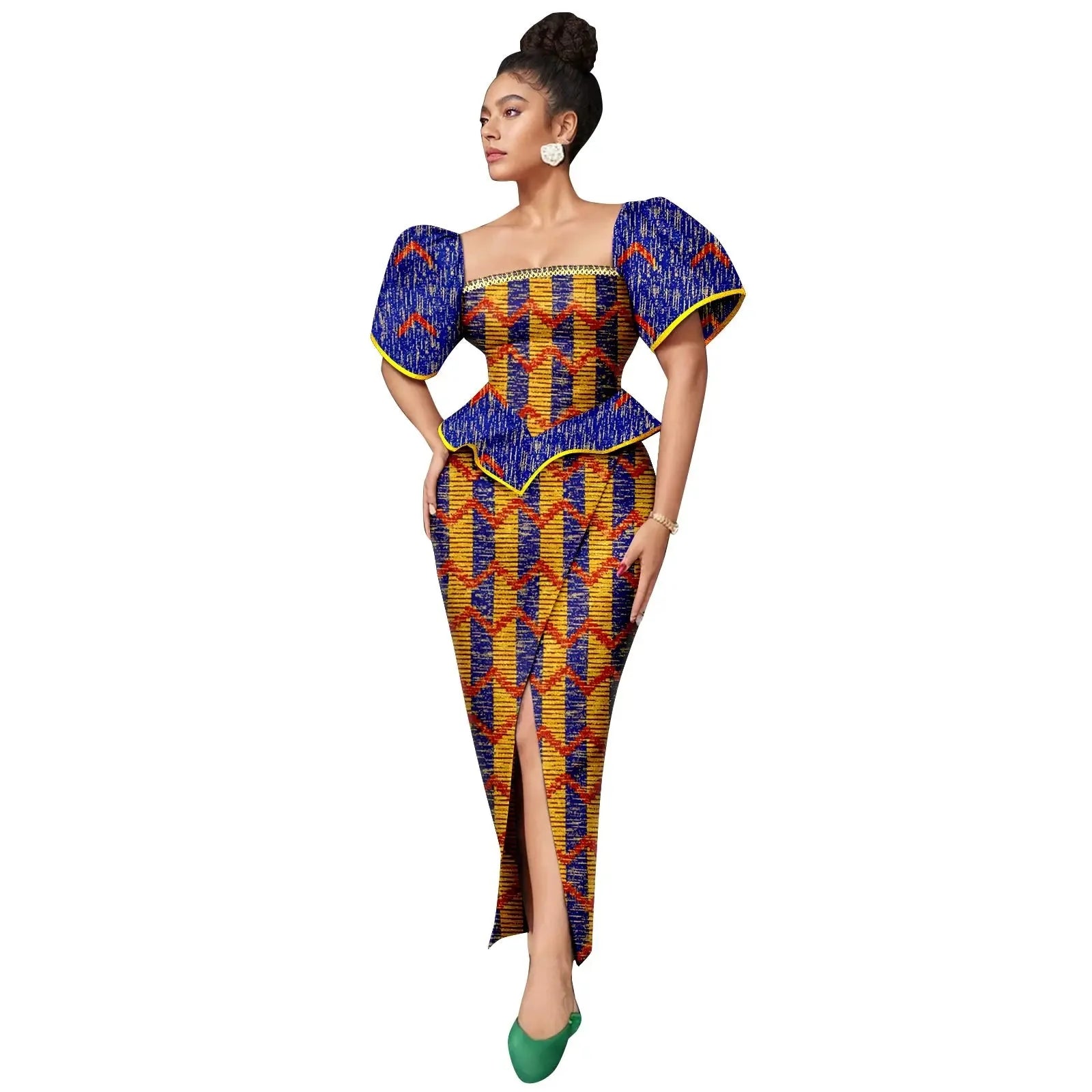 AFRIPRIDE women's Ankara print square neck puff sleeve A-line dress, vibrant fabric, stylish design, shown on model.