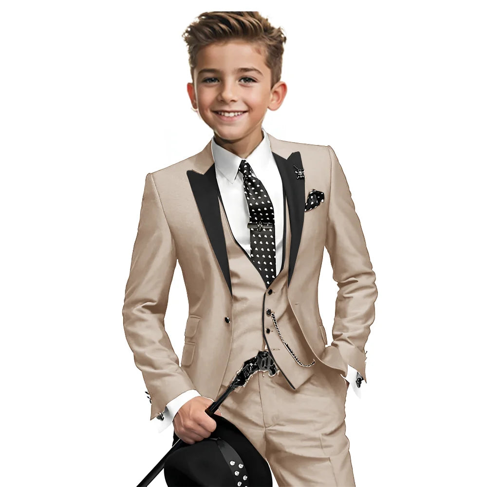 Navy blue boys tuxedo with blazer, vest, and pants, formal 3-piece suit for boys aged 2-16, Showlu Fashion Store.