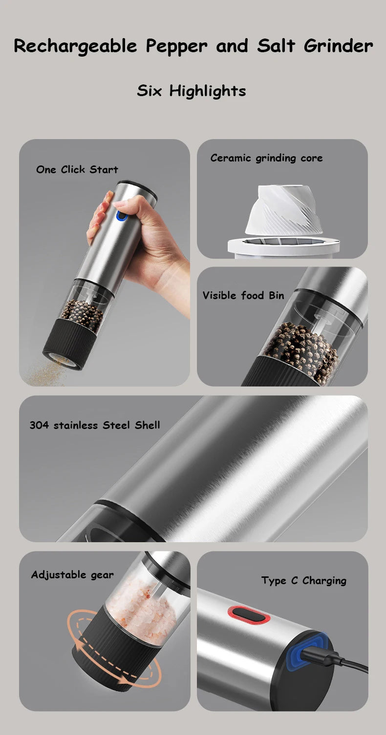 Showlu Smart General electric salt and pepper grinder with sleek black design, adjustable ceramic grinding mechanisms visible.