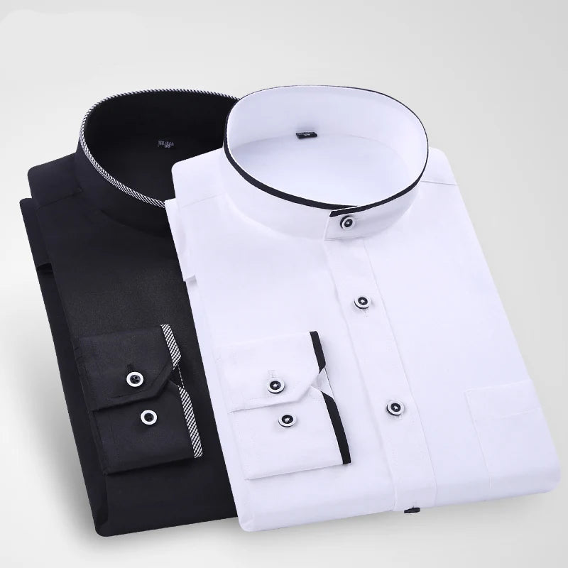 Men's white slim fit shirt with stand-up collar, long sleeves, and vertical collar design, from Showlu Fashion Store.