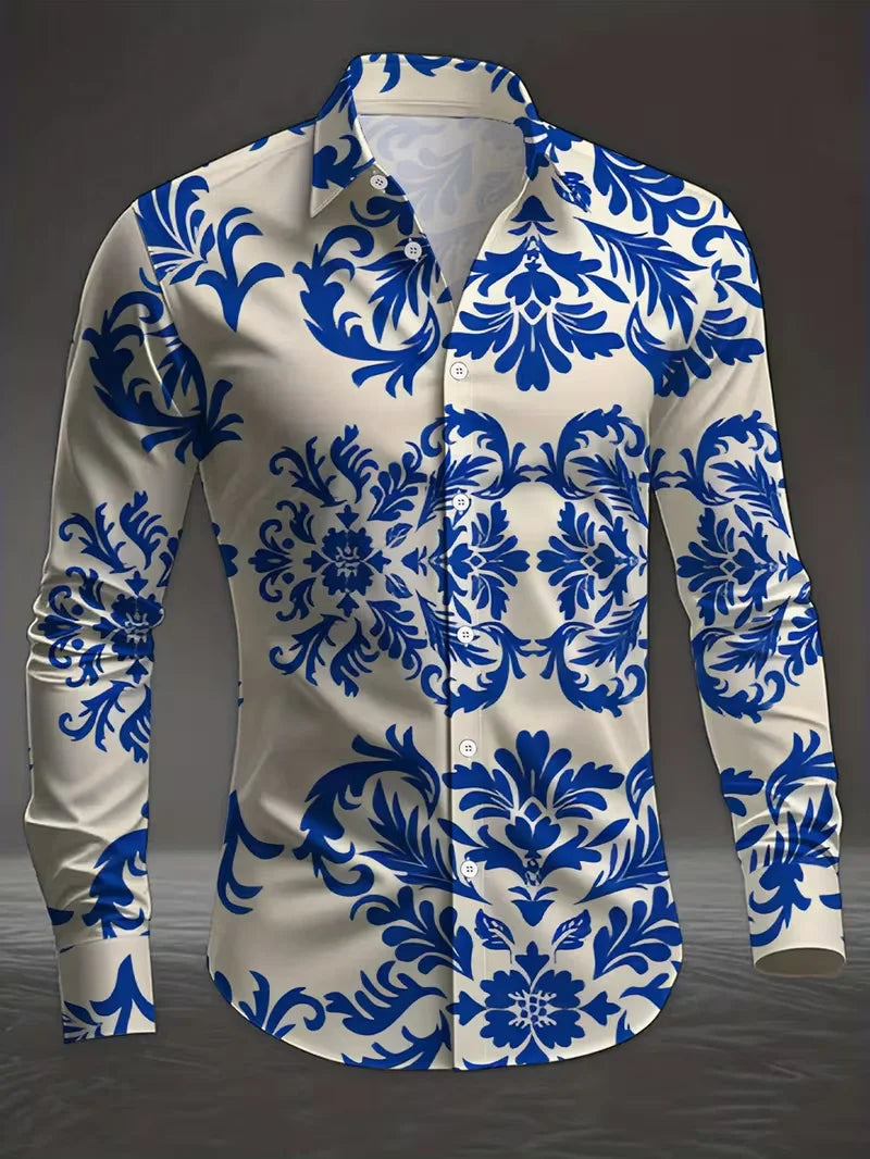 Showlu men's casual long sleeve shirt with 3D striped flower print silk fabric, stylish and comfortable for everyday wear.