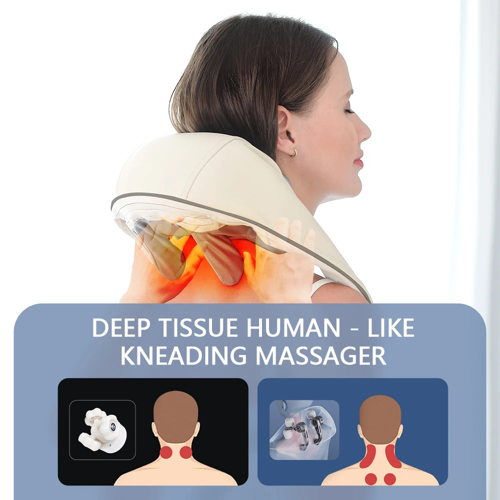 Showlu Smart General electric deep tissue massage shawl draped over a person's shoulders for neck and shoulder relief.