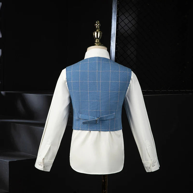 Kids boys PsyMonster plaid wedding suit set featuring a formal tuxedo blazer, perfect for special occasions and weddings.