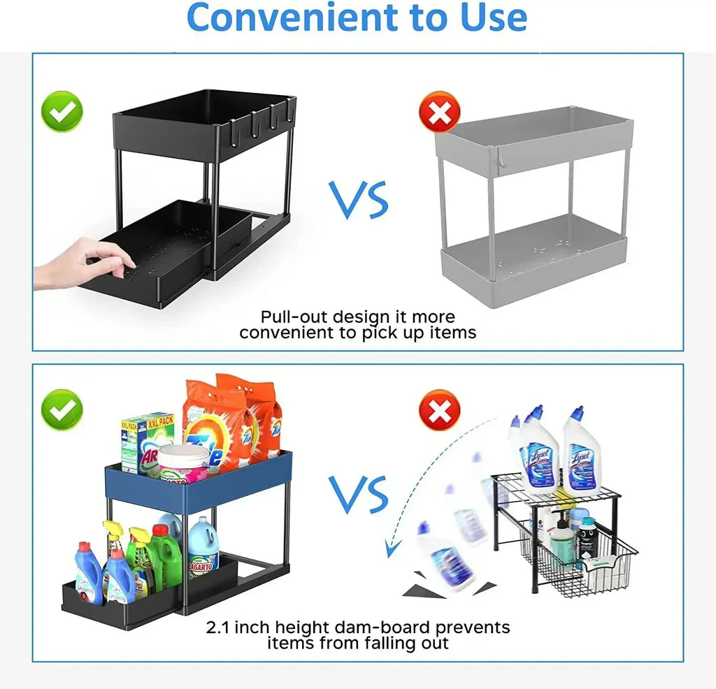 Showlu Smart General under sink organizer rack with multiple compartments for efficient kitchen or bathroom storage.