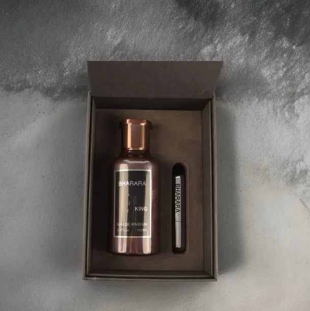 Bharara King Eau De Parfum for Men in 100ml spray bottle, featuring a sleek design with a dark-colored cap and elegant packaging.