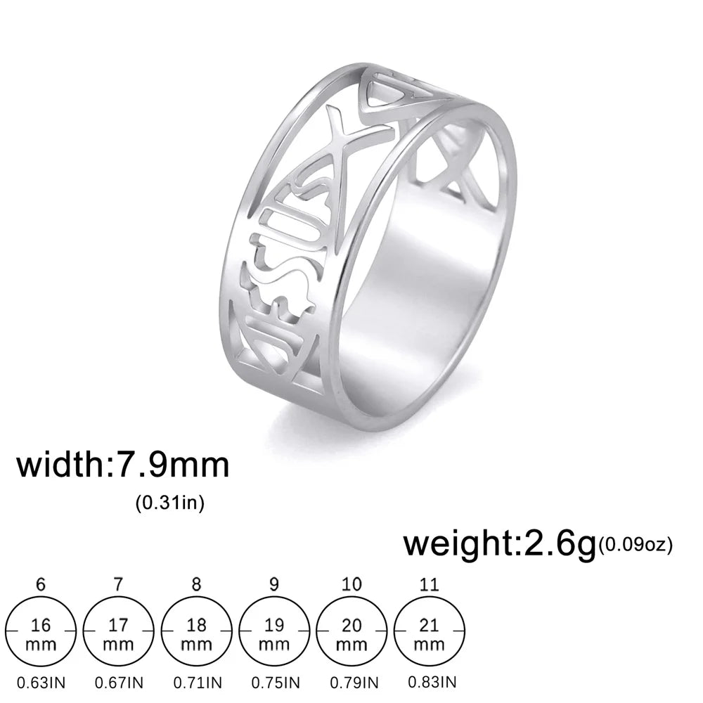 Stainless steel My Shape Jesus Fish ring featuring Christian religious symbol, showcasing detailed design and polished finish.