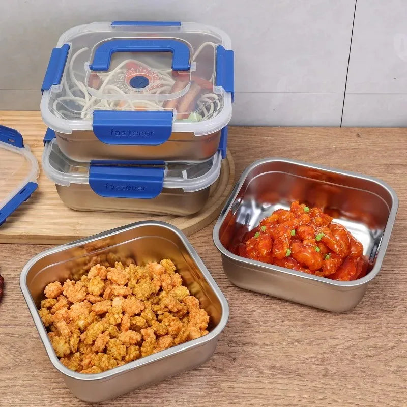 Stainless steel fresh-keeping lunch box with sealed lid, portable for camping, storing noodles and fruit in home or fridge.
