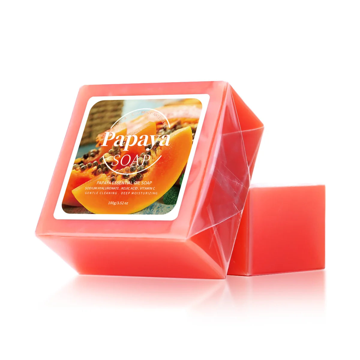 Handmade soap with B+ Papaya Extract, coconut and goat milk for deep cleansing and whitening, shown in a natural soap bar form.