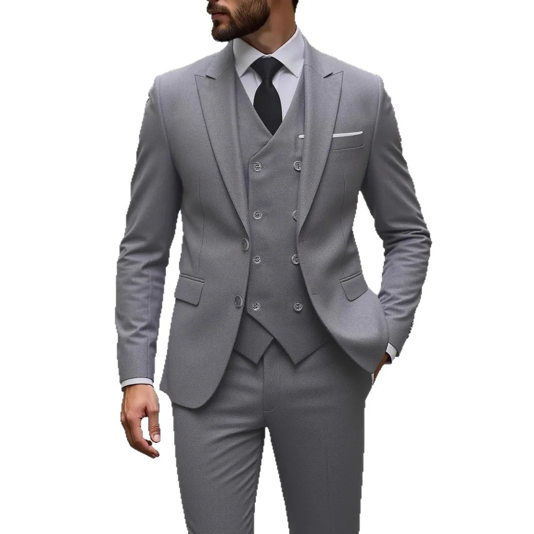 Classic black wedding tuxedo for men, slim fit groomsmen suit with jacket, vest, and pants, formal business attire from Showlu Fashion.