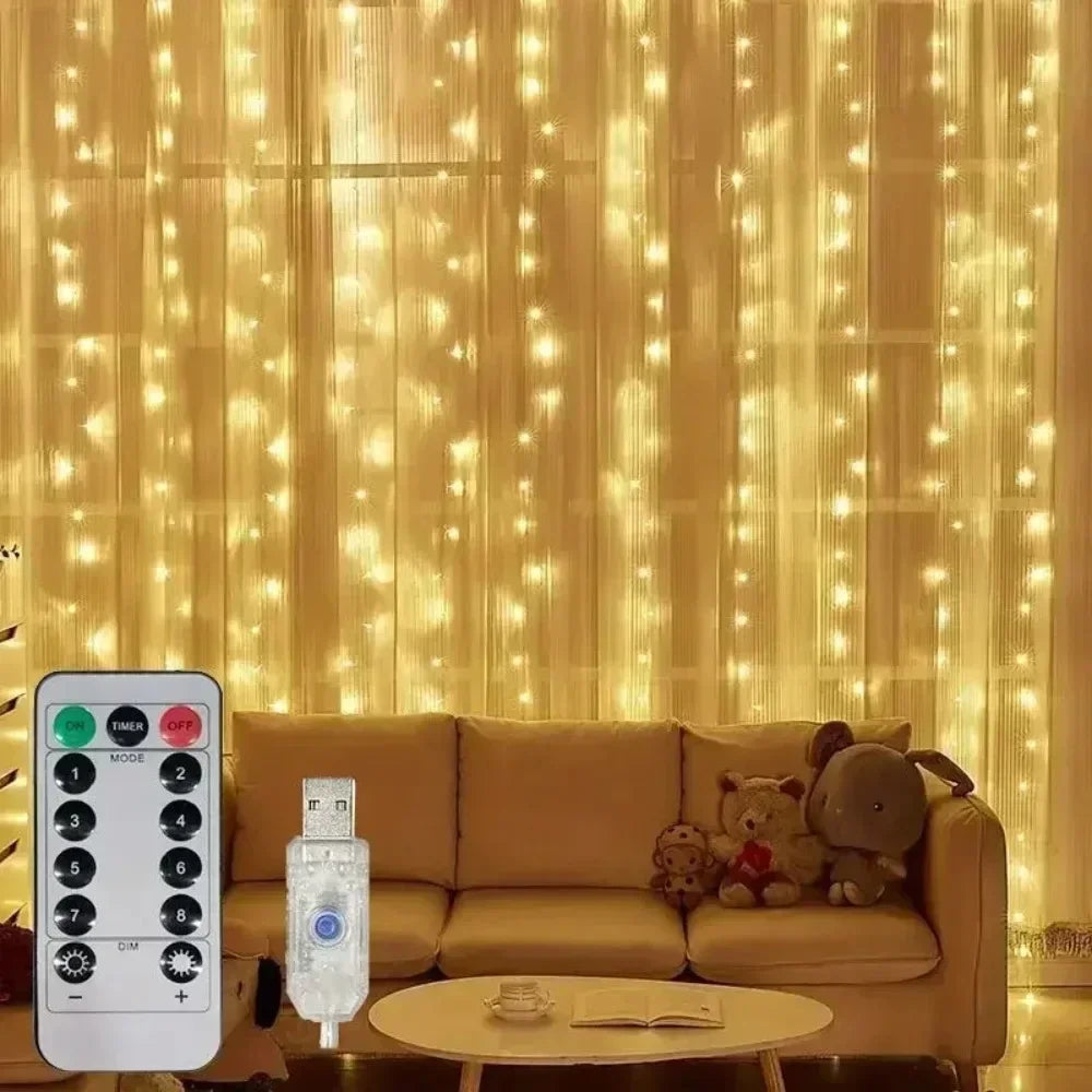 Showlu Smart General LED curtain fairy lights hanging with warm white glow, perfect for decorating indoor or outdoor spaces.