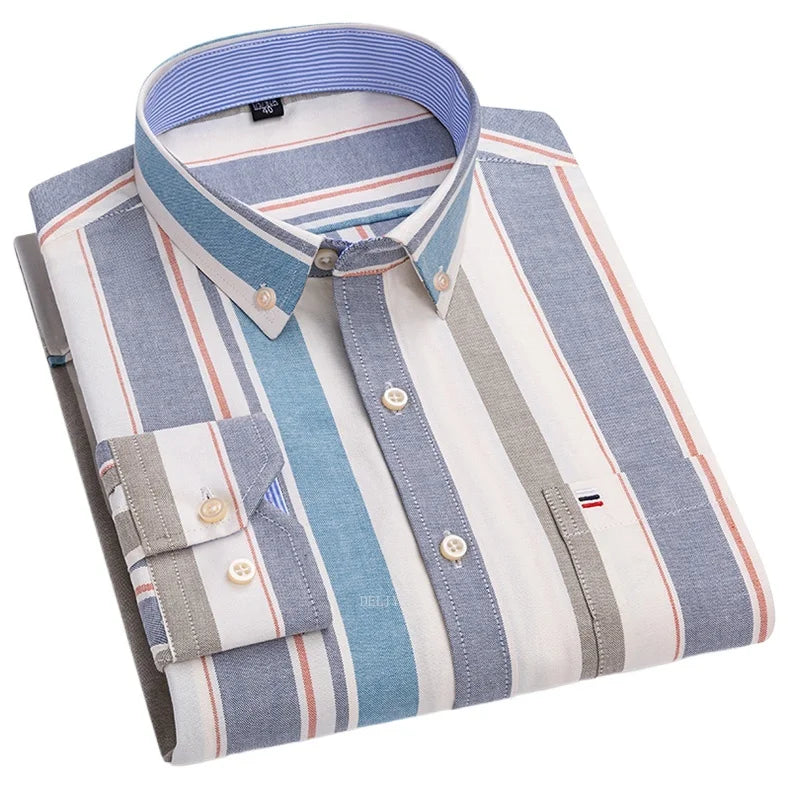 Men's long sleeve plaid cotton dress shirt with solid color print, regular fit, oversized style, from Showlu Fashion Store.
