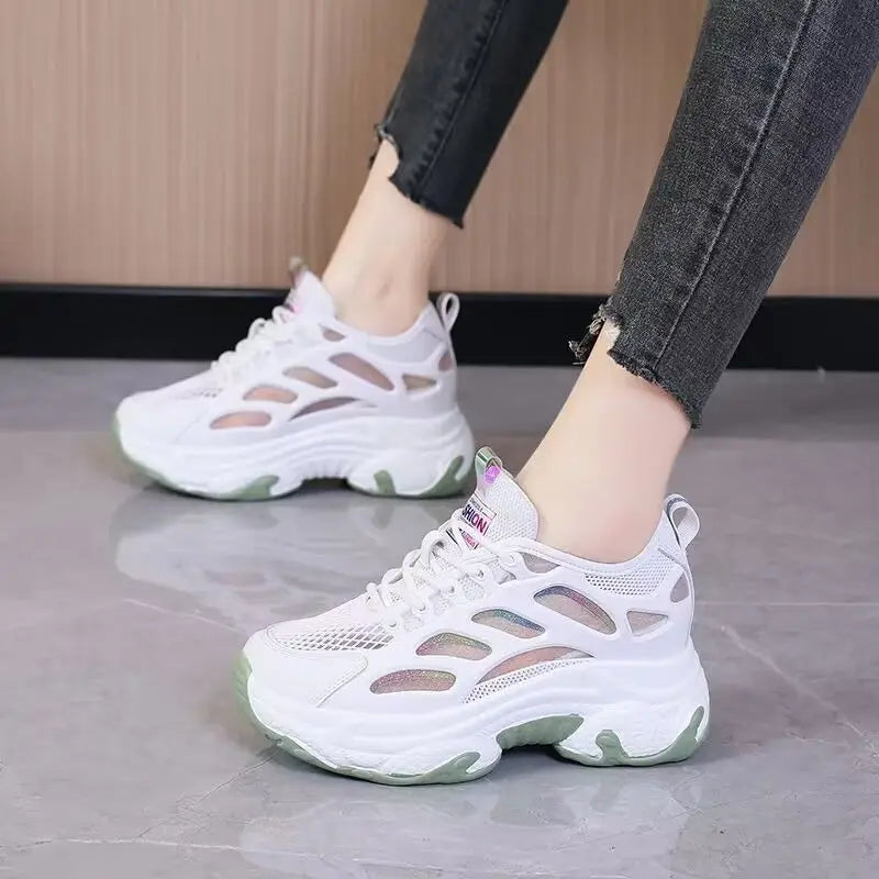 White mesh breathable women's platform shoes by Showlu Fashion with stylish, comfortable, and elegant design.