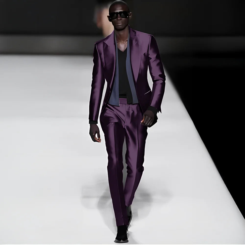 Elegant satin men's 2-piece suit featuring a peak lapel blazer and matching pants, ideal for weddings and formal dinners.