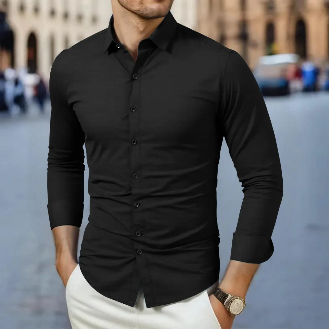 Men's solid color business casual long sleeve shirt by Showlu Fashion, wrinkle-resistant, comfortable, versatile all-season top