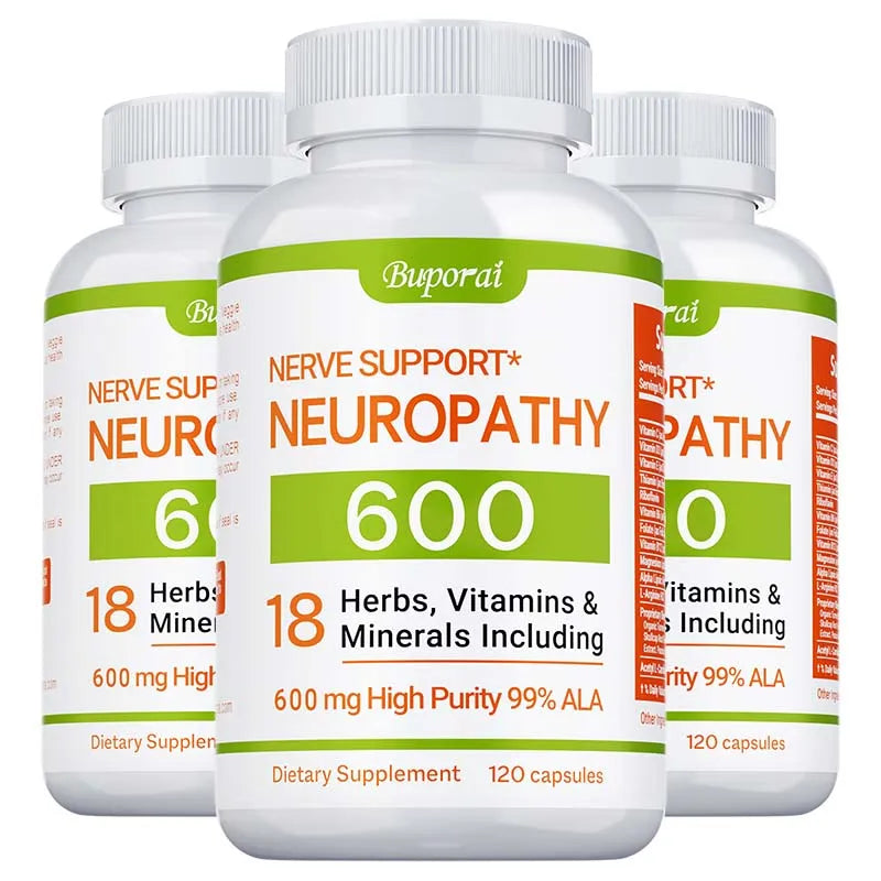 Neuropathy support supplement bottle with 600mg antioxidant formula promoting nerve health, cellular energy, and anti-aging benefits.