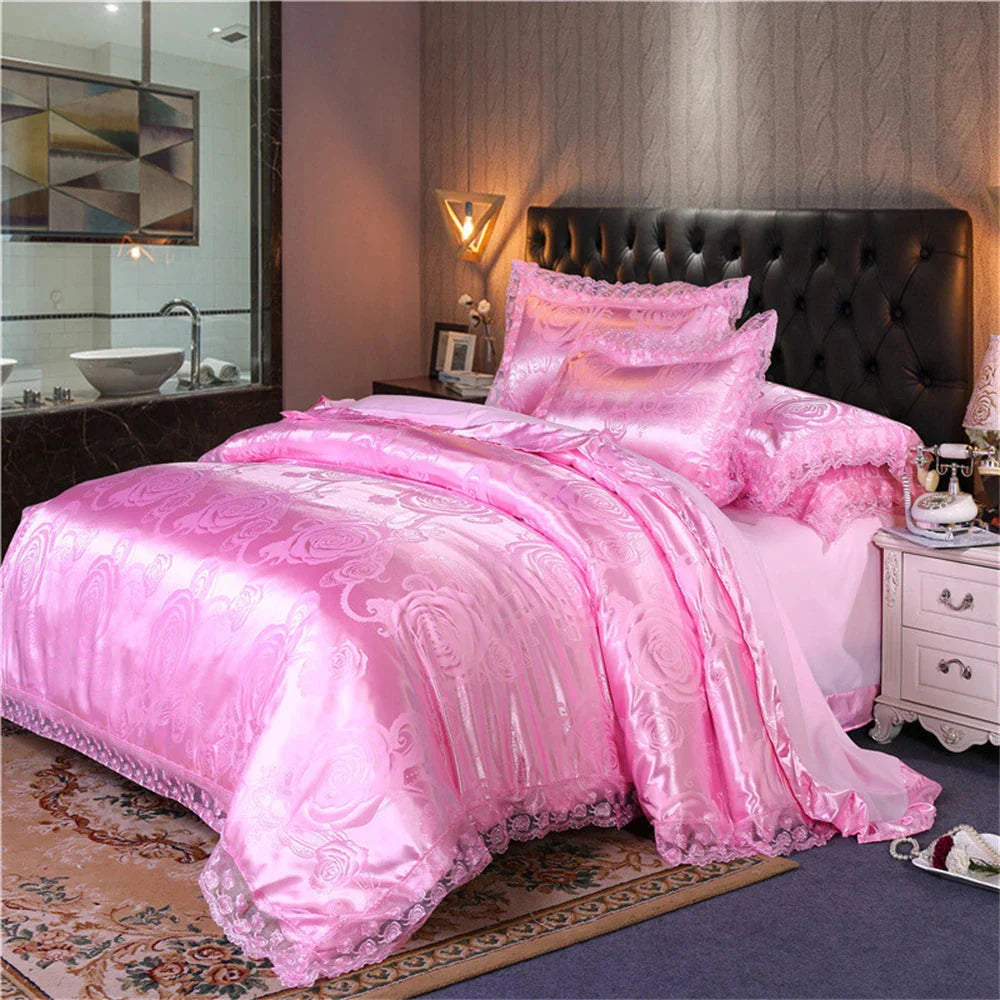 Nordic satin jacquard duvet cover set with floral design from SHOWLU FASHION STORE, luxurious bedding for a stylish bedroom.