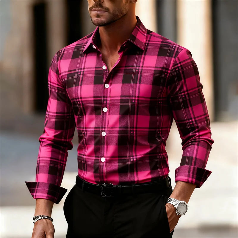 Men's plaid casual street style long-sleeved shirt from Showlu Fashion Store, outdoor daily wear in large sizes XS-6XL